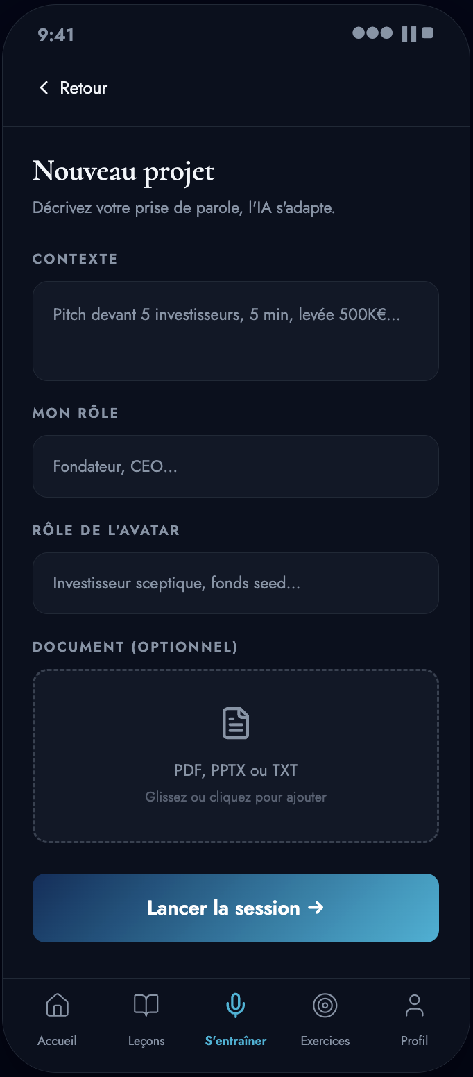 Écran Mode Projet de l'app Duorali