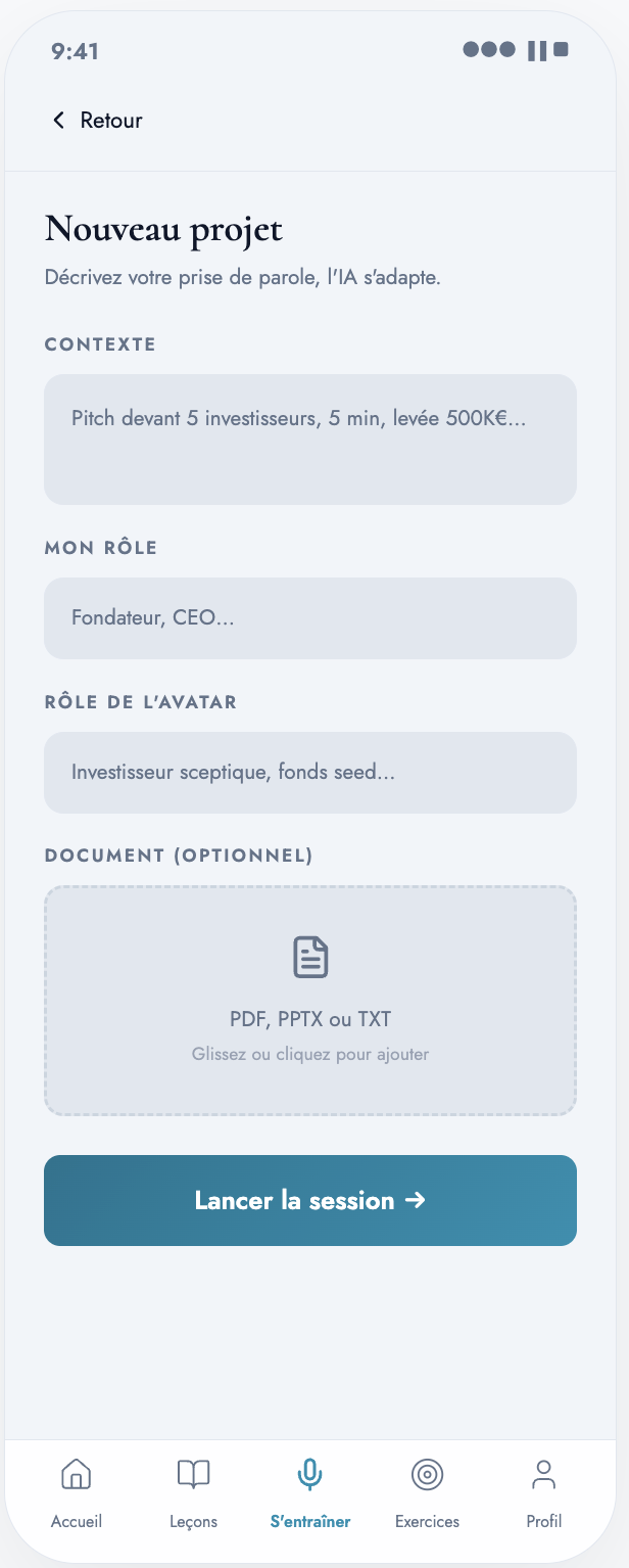 Écran Mode Projet de l'app Duorali