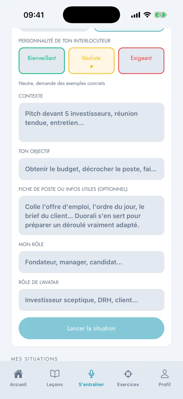 Écran Sur mesure de l'app Duorali